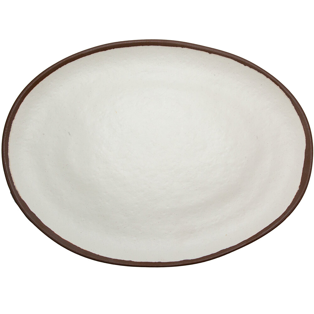 GET Pottery Market Glazed 15" x 11" Oval Cream Melamine Coupe Platter with Brown Trim - Sample