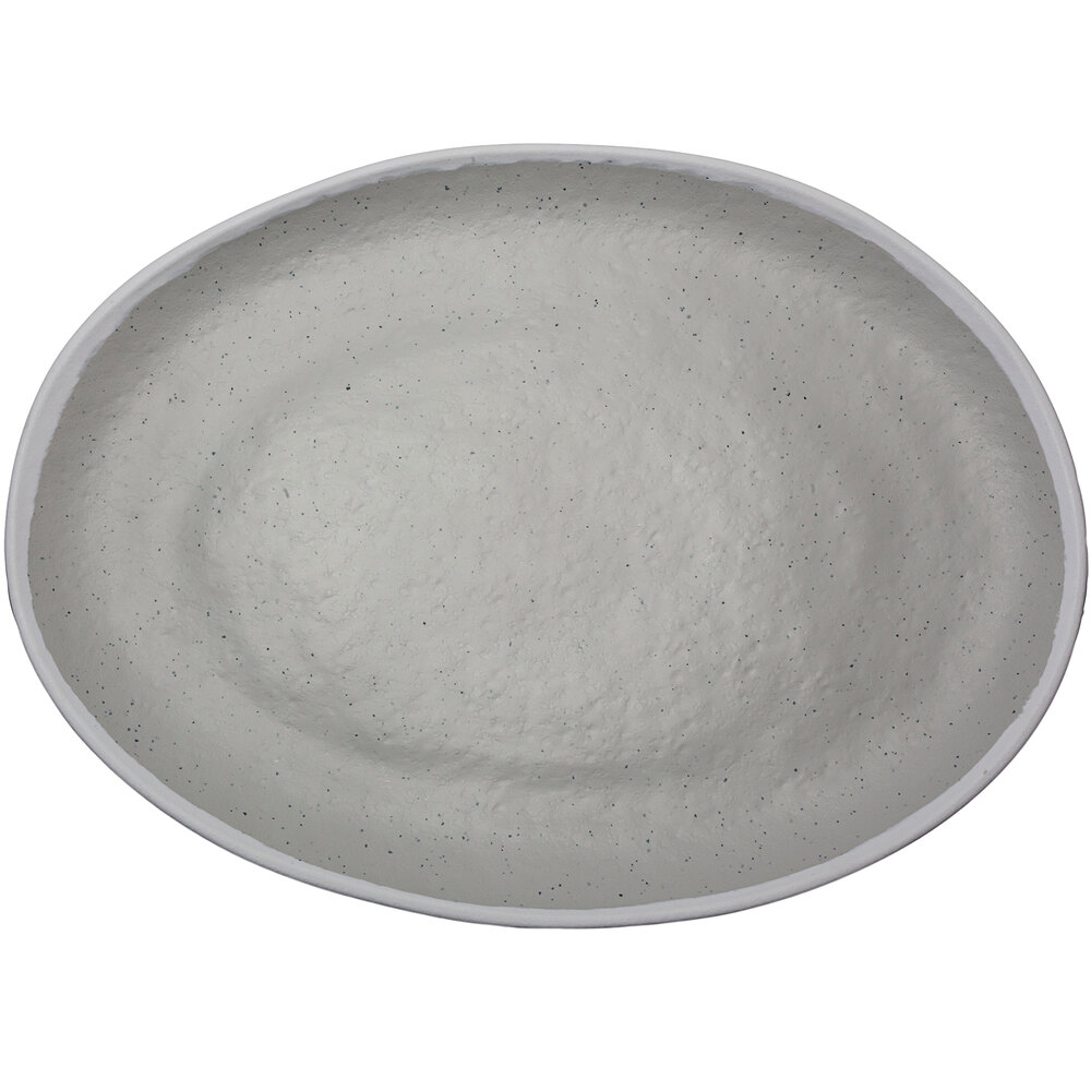 GET Pottery Market Glazed 15" x 11" Oval Gray Melamine Coupe Platter with White Trim - Sample