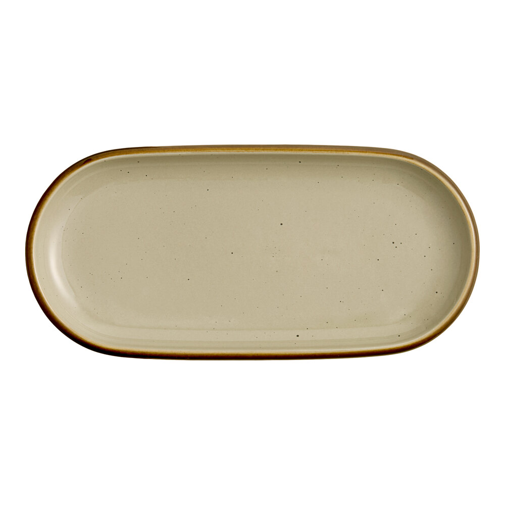 Acopa Keystone 12 1/2" x 6" Granite Gray Stoneware Oblong Coupe Platter - Sample