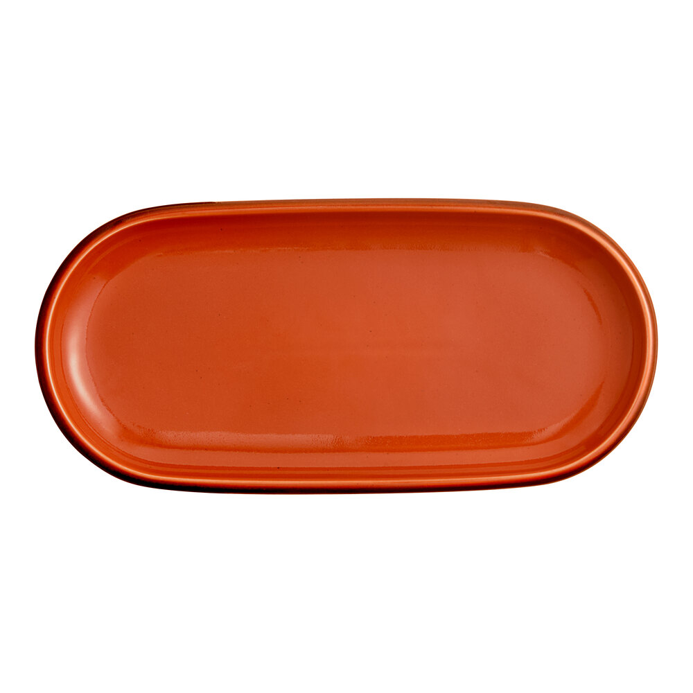 Acopa Keystone 12 1/2" x 6" Sedona Orange Stoneware Oblong Coupe Platter - Sample