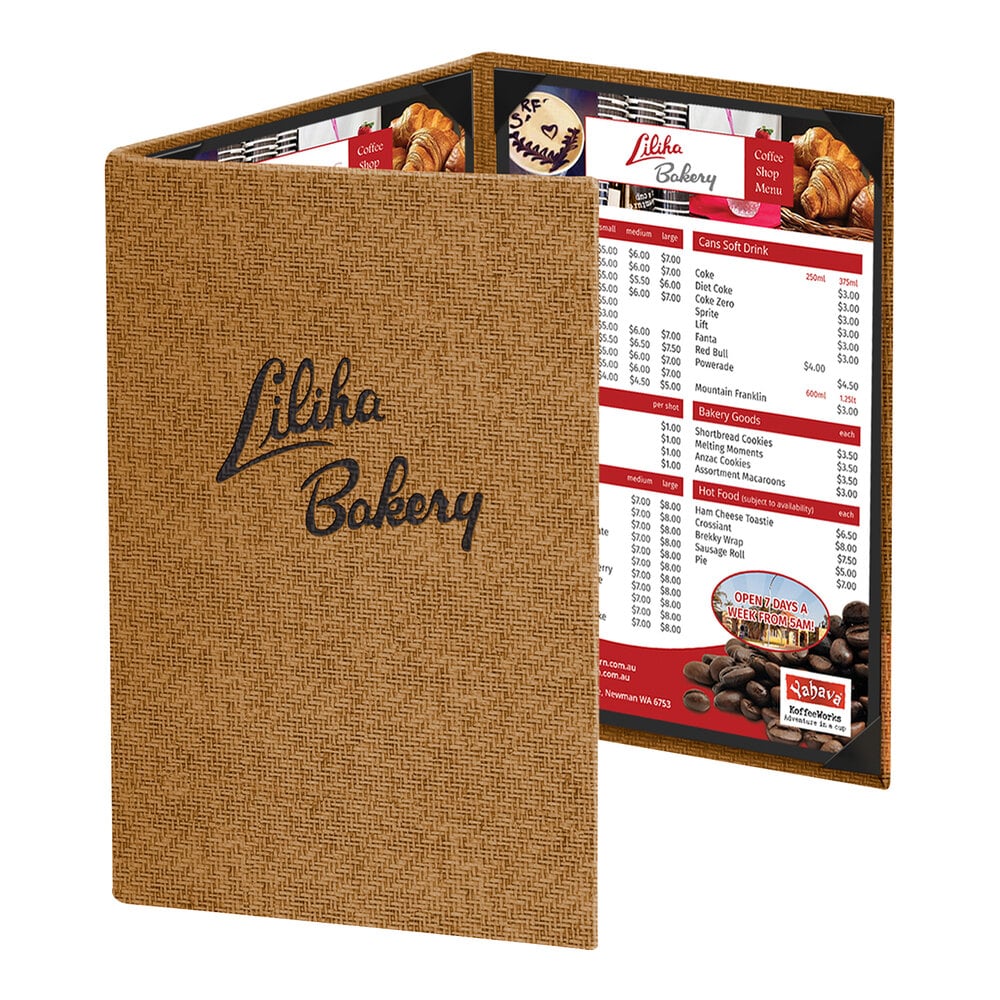Menu Solutions WK130A Water Street Wicker 5 1/2" x 8 1/2" Customizable 3 View Continuous Menu Cover