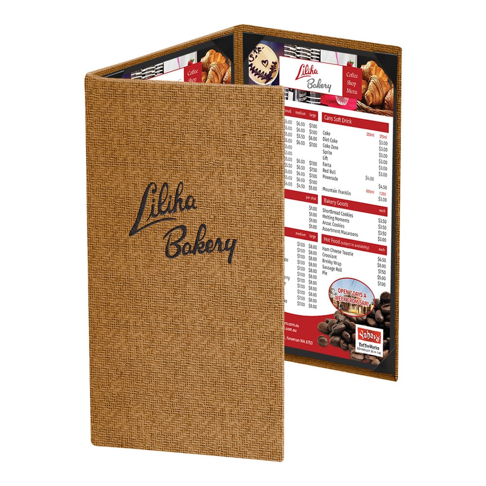 Menu Solutions WK130B Water Street Wicker 5 1/2" x 11" Customizable 3 View Continuous Menu Cover