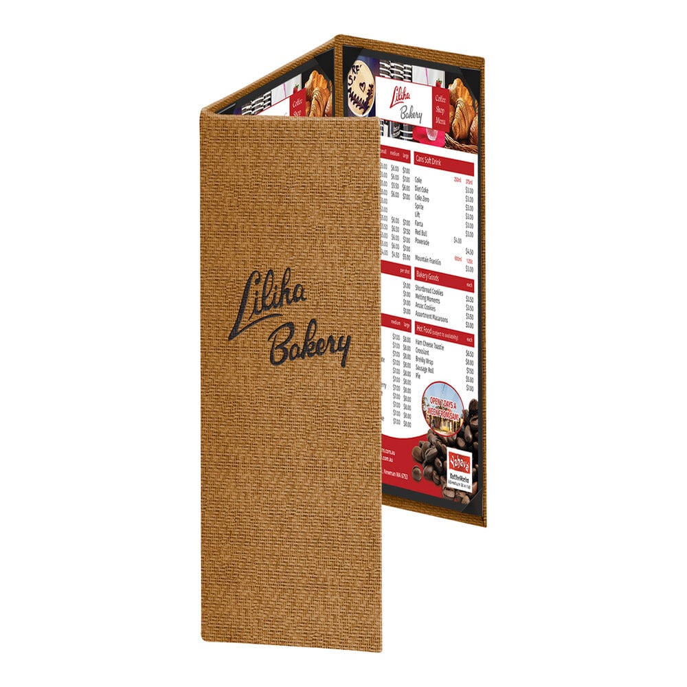 Menu Solutions WK130BD Water Street Wicker 4 1/4" x 14" Customizable 3 View Continuous Menu Cover