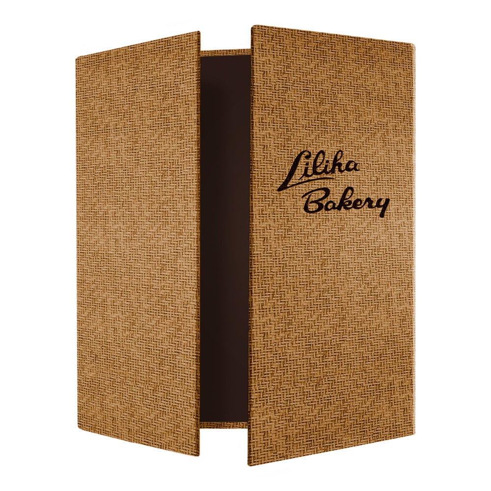 Menu Solutions WK155C Water Street Wicker 4 1/4" x 8 1/2" x 11" Customizable Gatefold Style 3 View Menu Cover