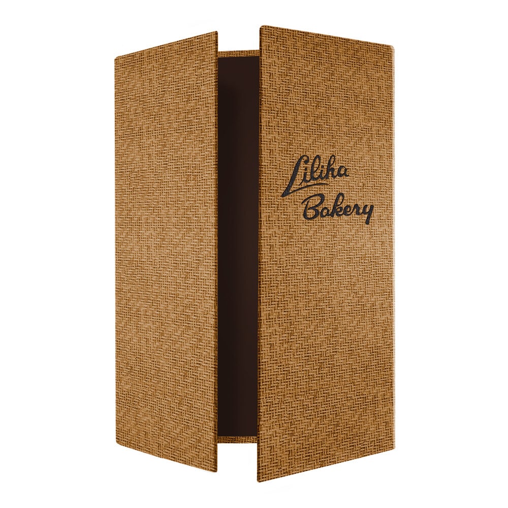 Menu Solutions WK155D Water Street Wicker 4 1/4" x 8 1/2" x 14" Customizable Gatefold Style 3 View Menu Cover
