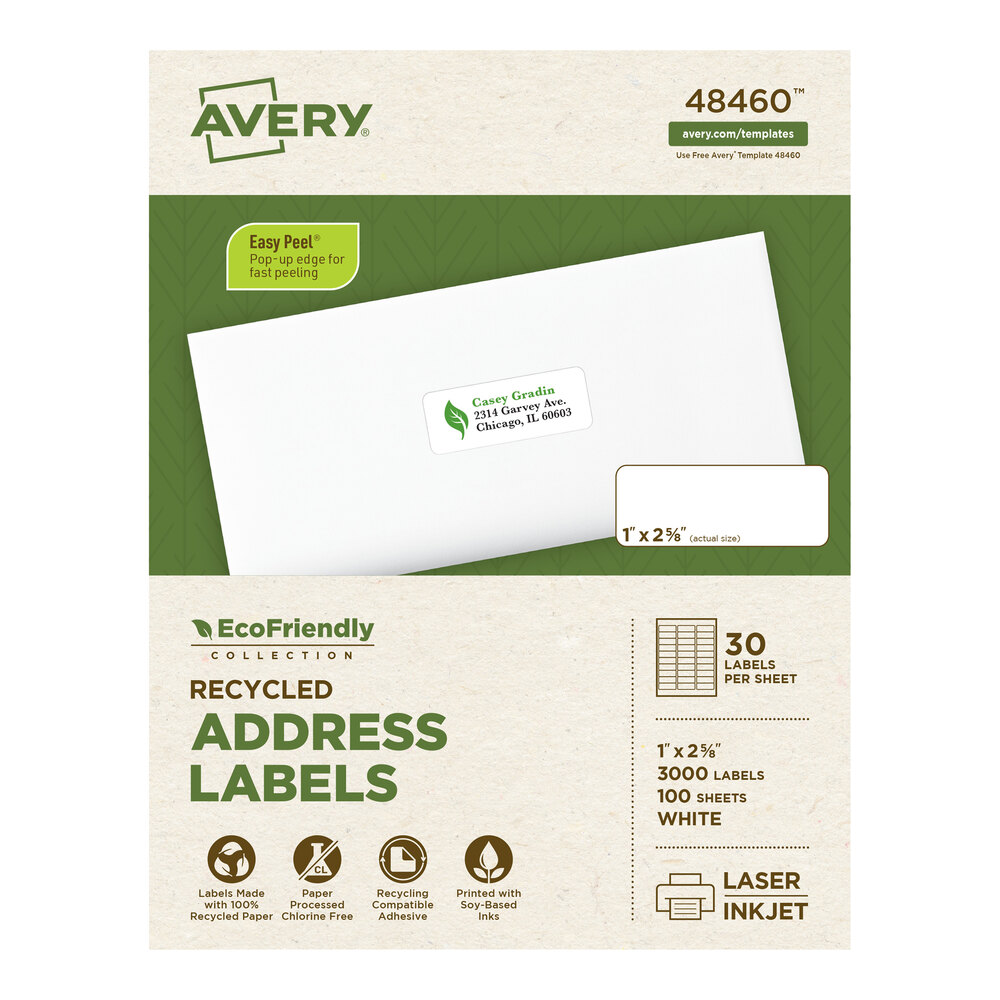 Avery® 48460 EcoFriendly 1" x 2 5/8" White Easy Peel Mailing Labels - 3,000/Box