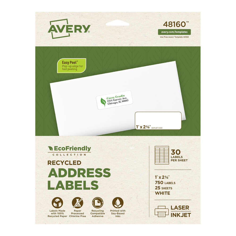 Avery® 48160 Eco-Friendly 1" x 2 5/8" White Rectangle Address Labels - 750/Pack