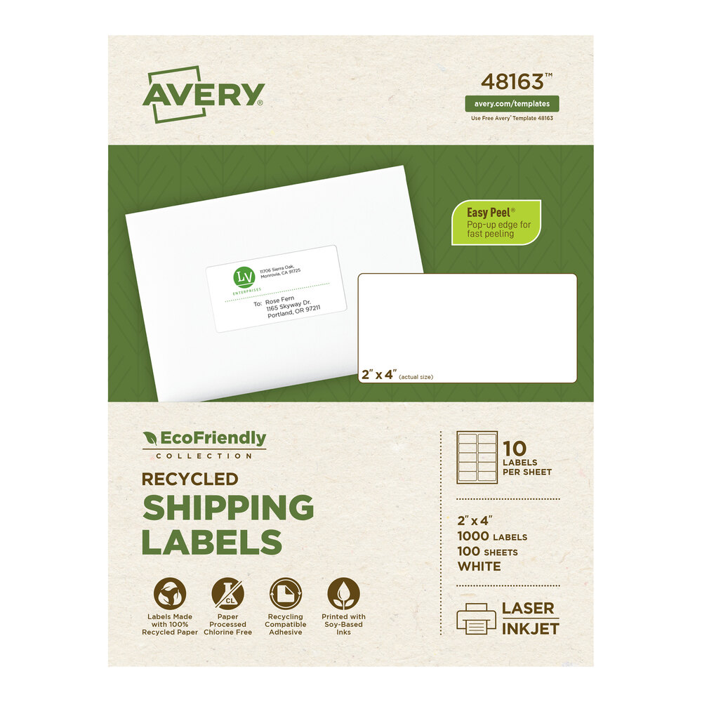 Avery® 48163 EcoFriendly 2" x 4" White Easy Peel Shipping Labels - 1,000/Box