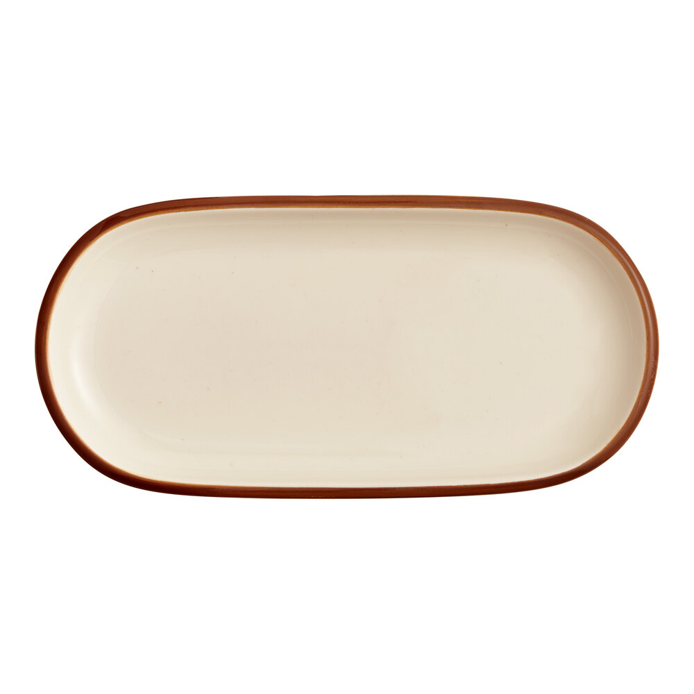 Acopa Keystone 14" x 6 3/4" Vanilla Bean Stoneware Oblong Coupe Platter - Sample