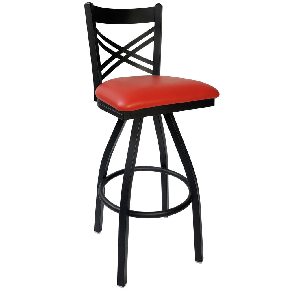 BFM Seating Akrin Metal Barstool with 2" American Beauty Red Vinyl Swivel Seat