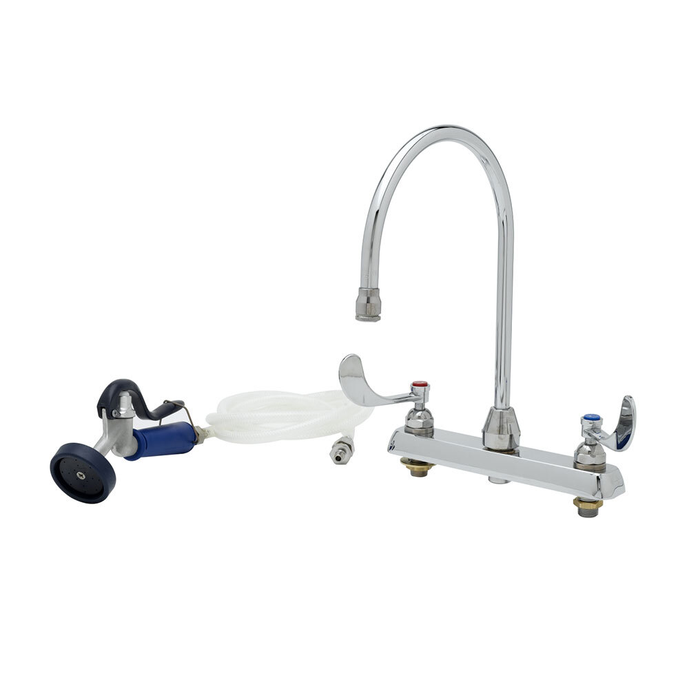 T&S PG-2347-WH4-VH Deck Mount Pet Grooming Workboard Faucet with 8" Centers, 8 3/4" Gooseneck, 4" Wrist Action Handles, and Angled Spray Valve