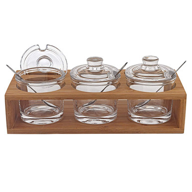 Badash Condiment Jars & Wood Stand, Set of 3