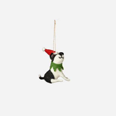 One Hundred 80 Degrees Wool Black&White Dog Ornament, with Santa Hat - 4" (HW0270H)