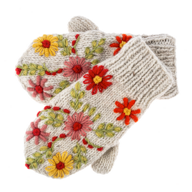 Ganz Knit Embroidered Floral Mittens, White (MX194497B)