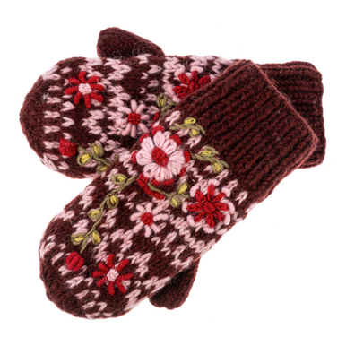 Ganz Knit Embroidered Floral Mittens, Burgundy (MX194497C)