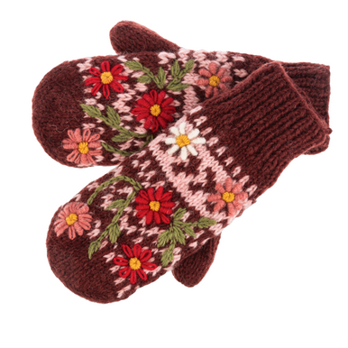 Ganz Knit Floral Mittens, Burgundy (MX200263A)