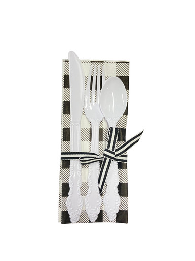 One Hundred 80 Degrees Plastic Flatware with Napkin, White Gingham (XW0018-WHITE)